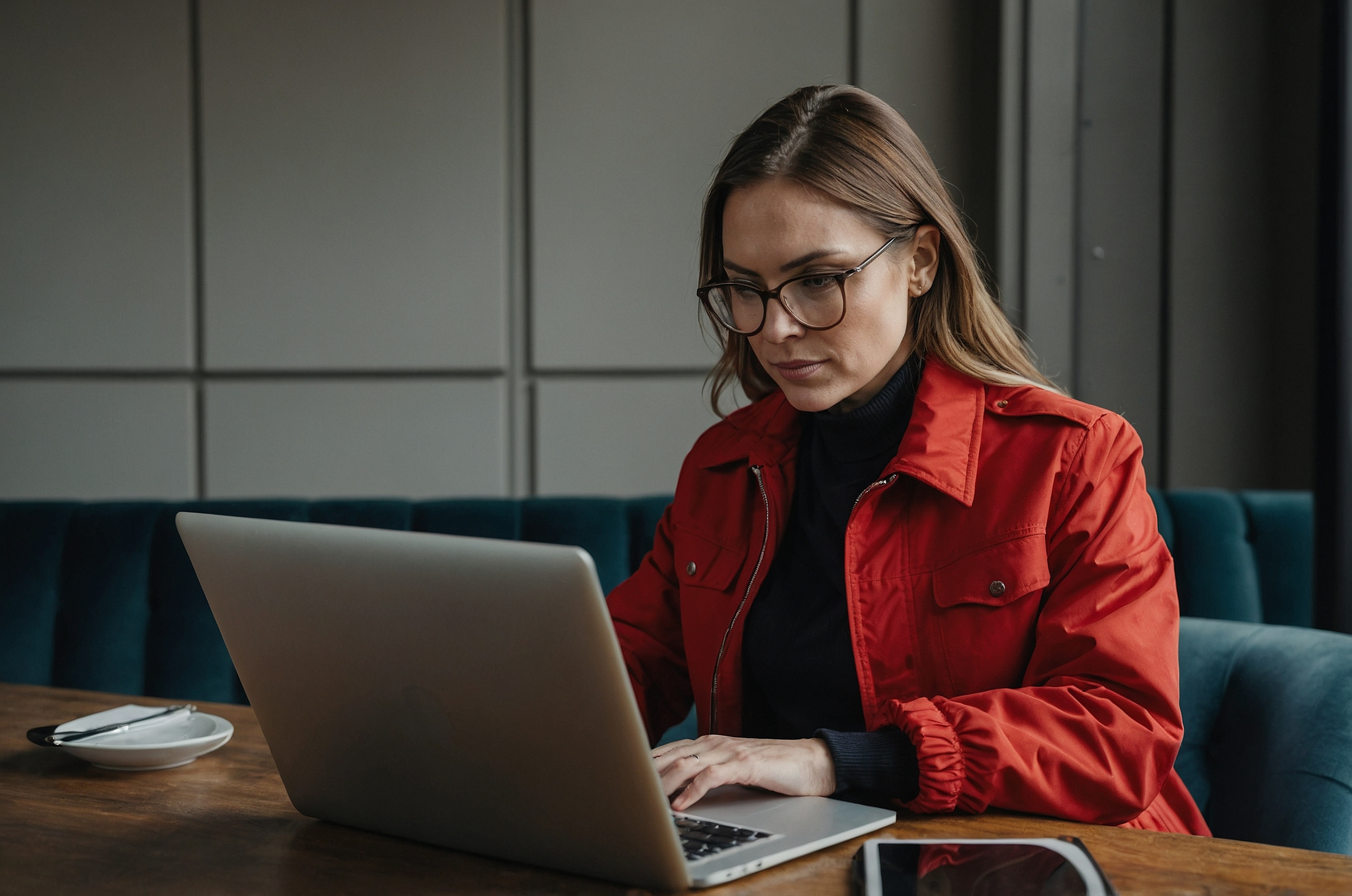 Woman Red Jacket Is Working Laptop