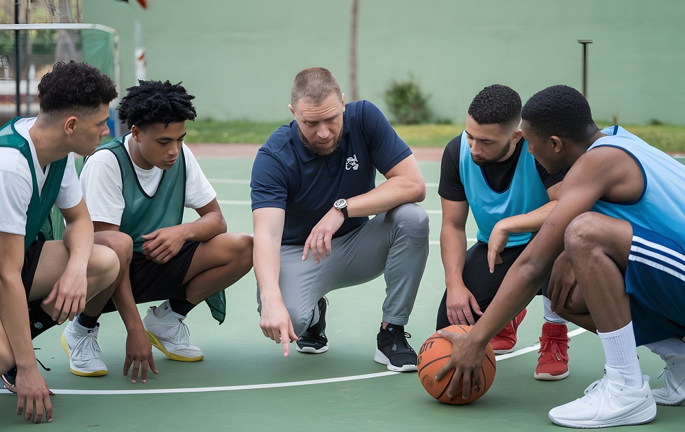 Basketball Coach Teaching Team Strategy Outdoors Coaching Sports Teamwork Stock Photo